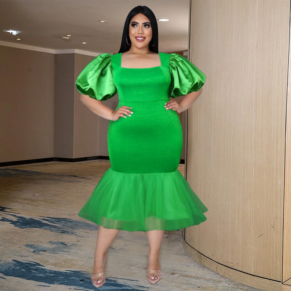 

Женские вечерние платья размера плюс, модное платье с квадратным вырезом и рукавами-пузырями, Сетчатое платье с запахом на каблуке, повседневные однотонные Элегантные платья для дам