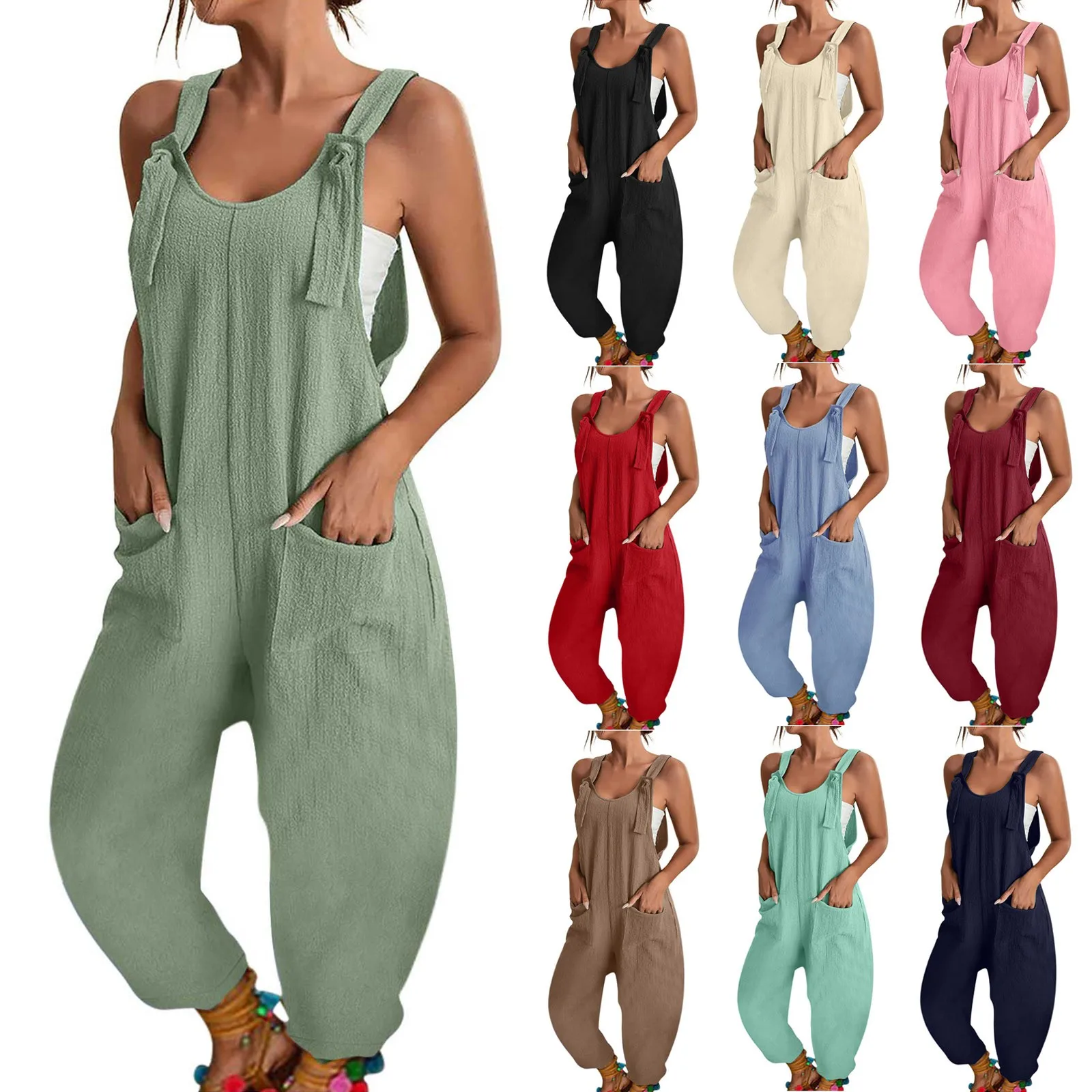 

Women Strap Straight Loose Jumpsuit Romper Boat Neck Sleeveless Playsuits Wide-Leg Trousers Solid Dungaree Bib Overalls Oversize