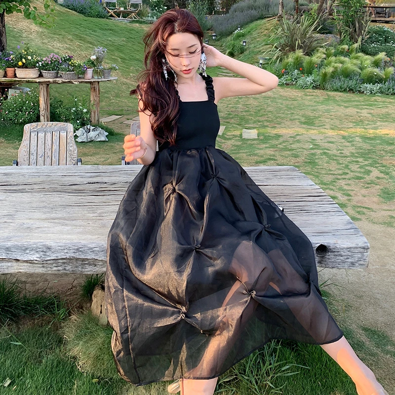 

Летнее пляжное черное лоскутное Сетчатое платье Sanya на бретельках Новинка женское модное плиссированное платье