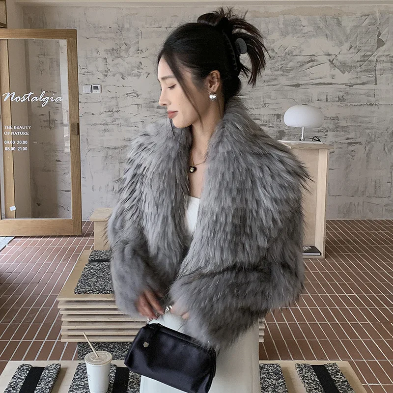 Raccoon Hair Real Fur Short Coat Women Shawl Fashion Luxury Capes Winter Thicken Warm Overcoat Big Collar Jacket Dropshipping