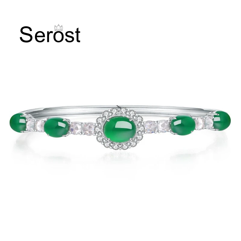SEROST S925 Silver Inlaid Natural High Ice Jade Bracelet Lucky Simple Style