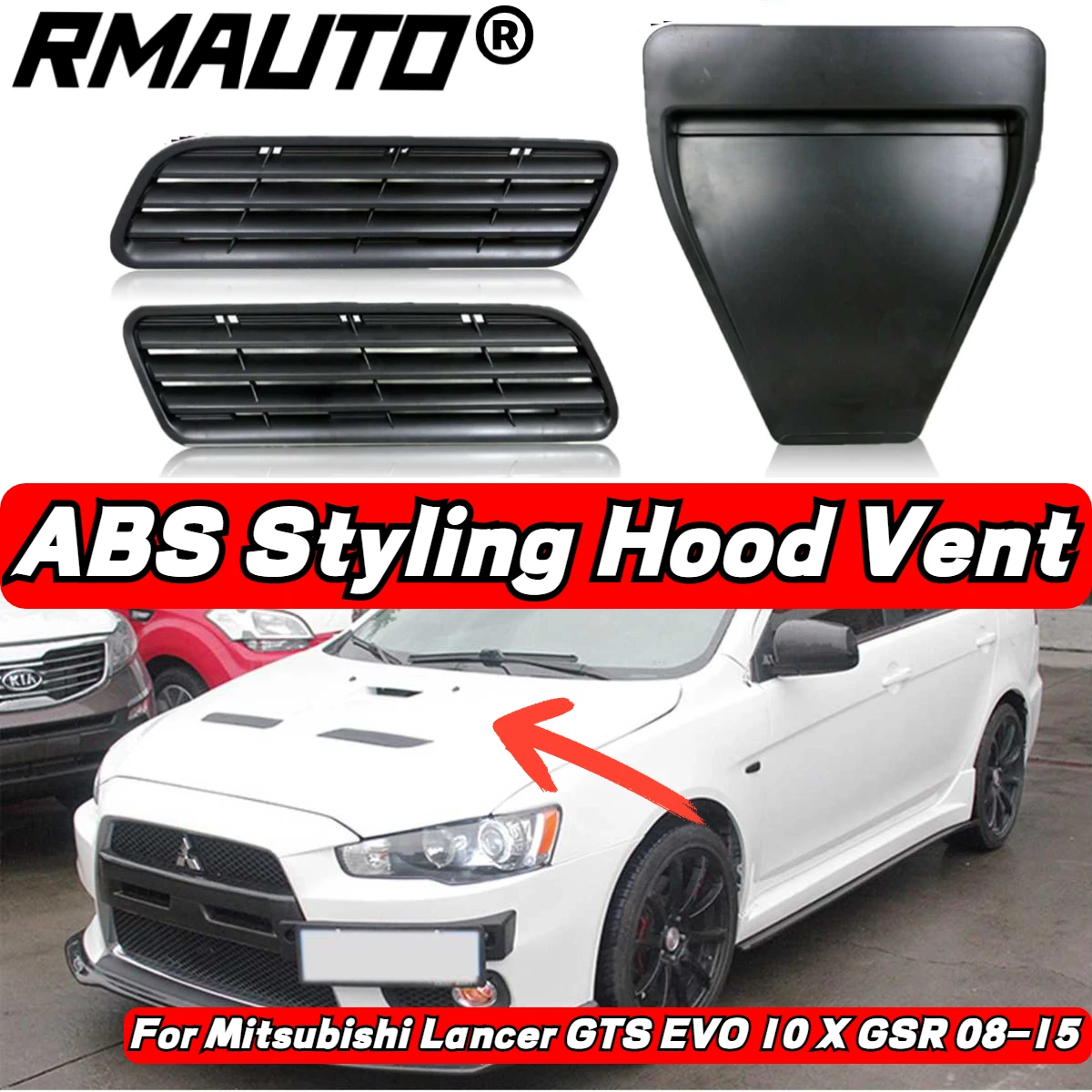 RMAUTO-cubierta de ventilación EVO para capó de coche, embellecedor de entrada de ventilación para Mitsubishi Lancer GTS EVO 10 X GSR 08-15, estilo de coche, 3 uds.