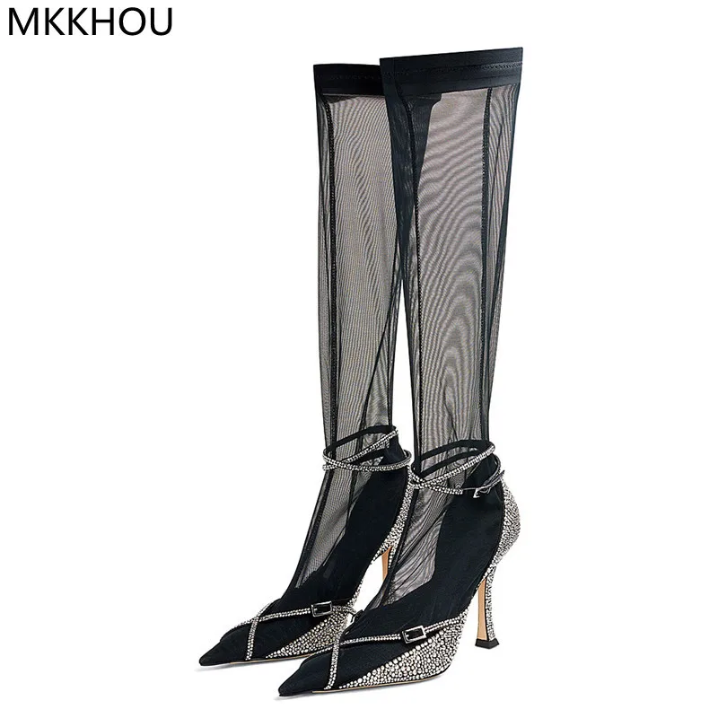 

MKKHOU Fashion Knee Boots Women New Sexy Black Stockings Mesh Boots Pointed Toe Crystal Buckle Elastic High-Heeled Modern Boots