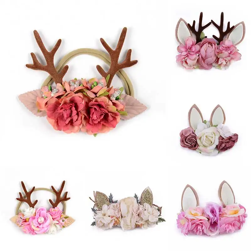 

Christmas Antler Baby Girl Headband Baby Accessories Xmas Party Deer Ear Flower Crown Hair Band Newborn резинки для волос