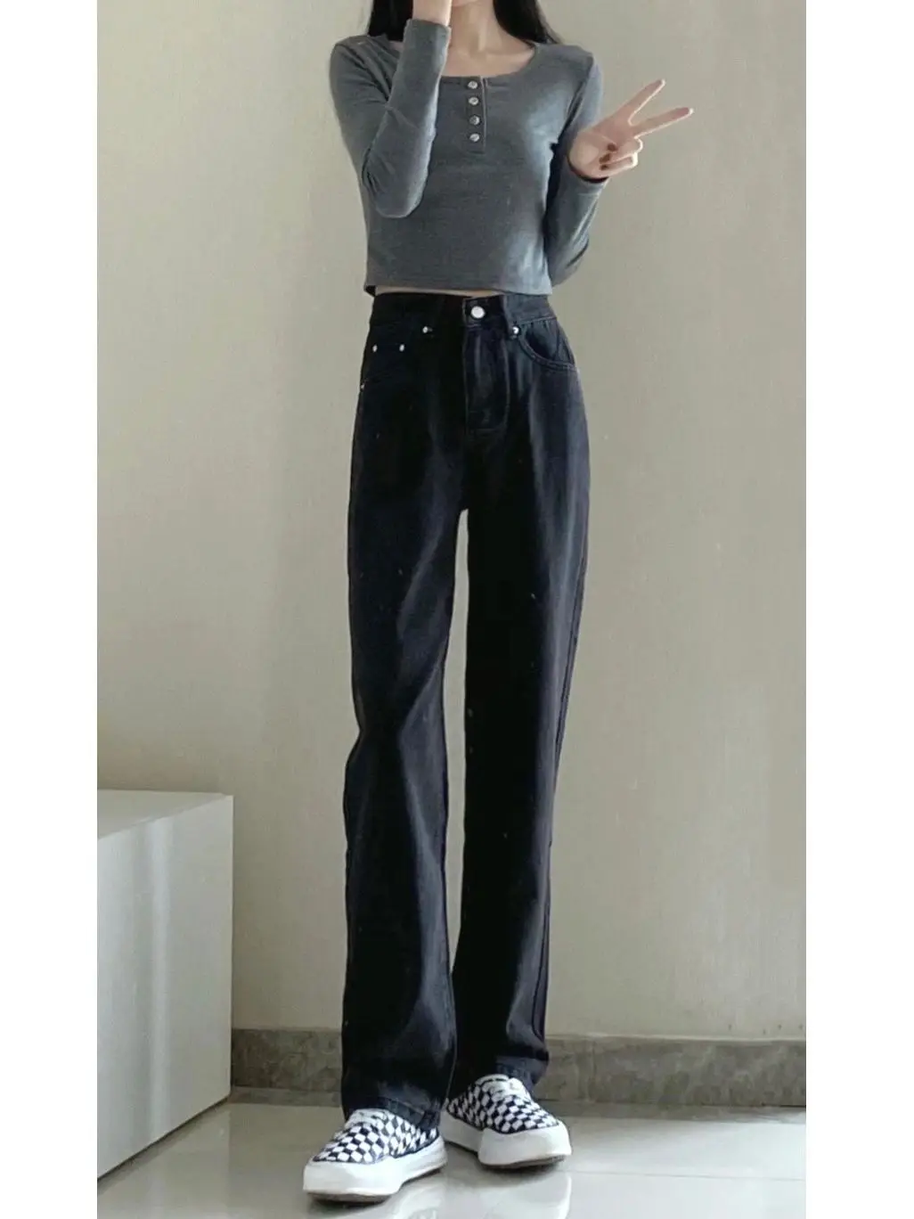N0703  Loose high-waisted black straight wide-leg jeans women's slim and high mopping long pants jeans