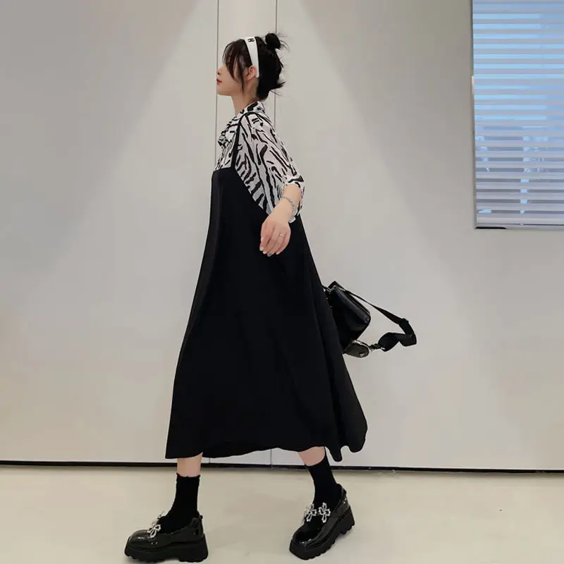 

100kg Oversized Loose Dress Fake Two Pieces Zebra Stripes Patchwork Women Dress 2022 Korean Style Women Loose Maternity Dresses