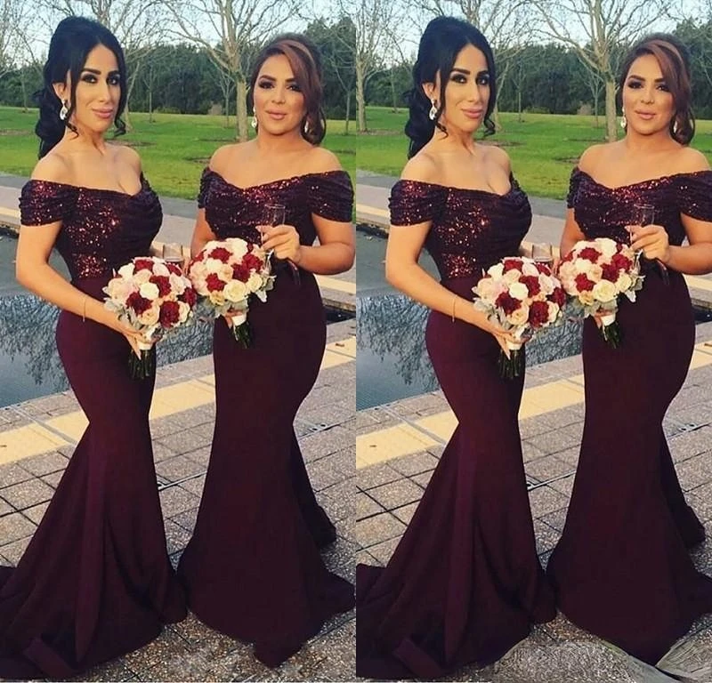 

Off Shoulder Sweep Train Burgundy Mermaid Bridesmaid Dress with Sequins Formal Evening Gowns Wedding Guest Dress