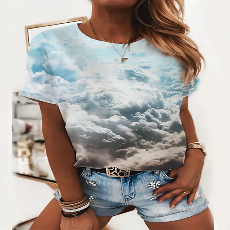 

2022 Summer New Women's Printed Short-sleeved T-shirt, Soft and Elegant, European and American Trendy Tops T-shirt Polyester