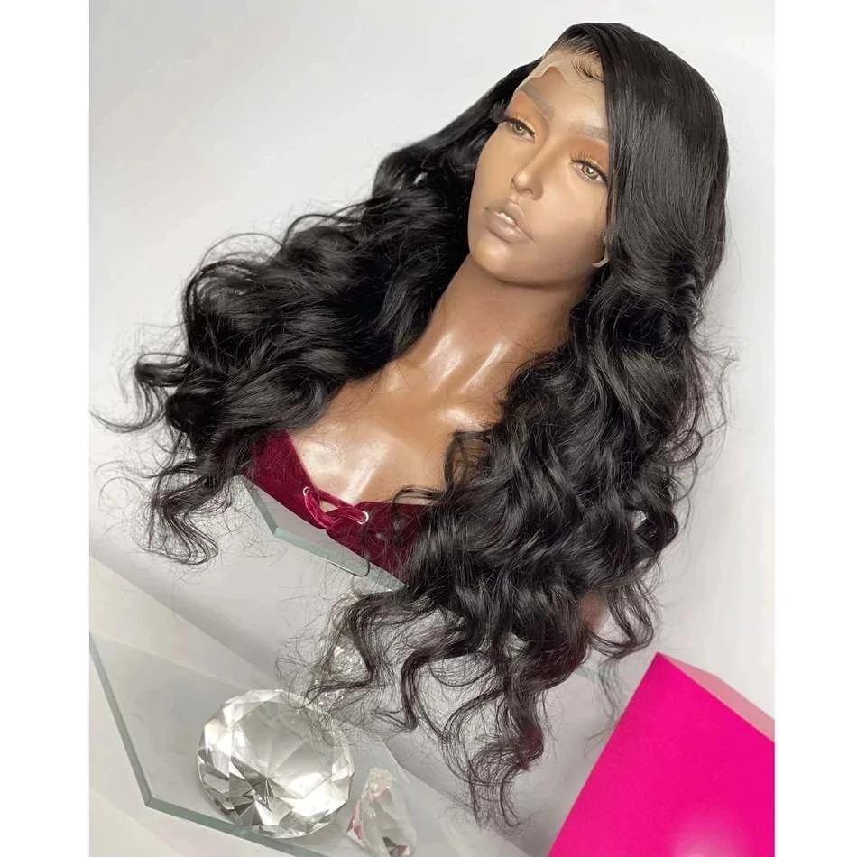 

Натуральные черные длинные волнистые бесклеевые кружевные передние парики для женщин парик из синтетических волос предварительно выщипан...