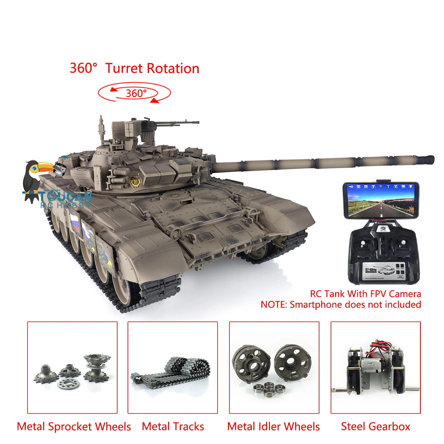 

Henglong 1/16 Russia T90 RTR RC Tank Yellow FPV 7.0 Upgraded Tactical Vehicle 3938 360 Degree Turret BB Shoot TH17868-SMT6