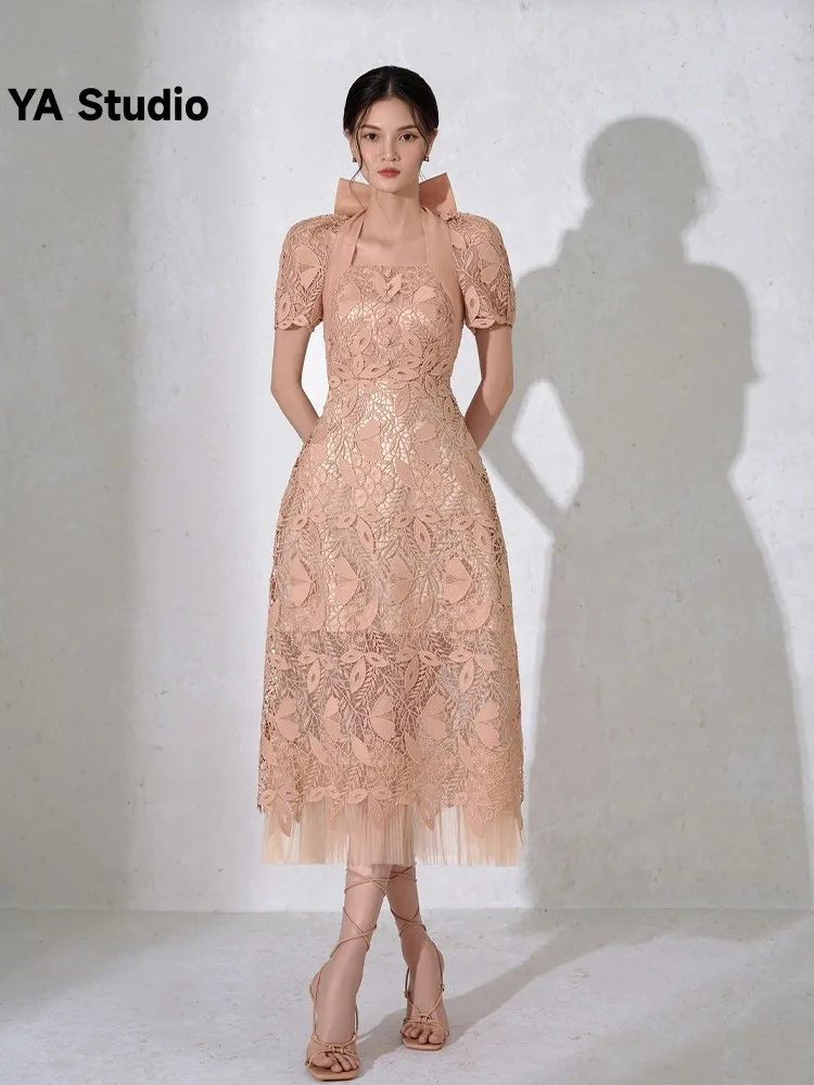 

[YA Studio] Coffee Colored Bow Neck Hanging Heavy Work Waistband Long Dress, Embroidered Lace Dress 2023 Summer Fashion