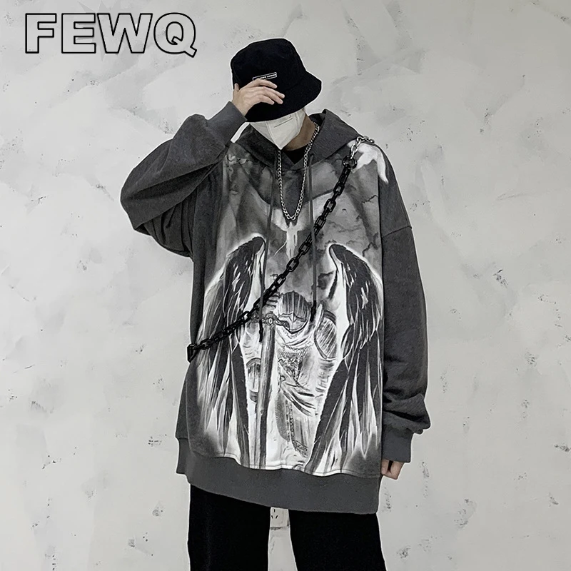 

Мужской свитшот с капюшоном FEWQ, Черный Повседневный пуловер с принтом в стиле хип-хоп, весна 2023