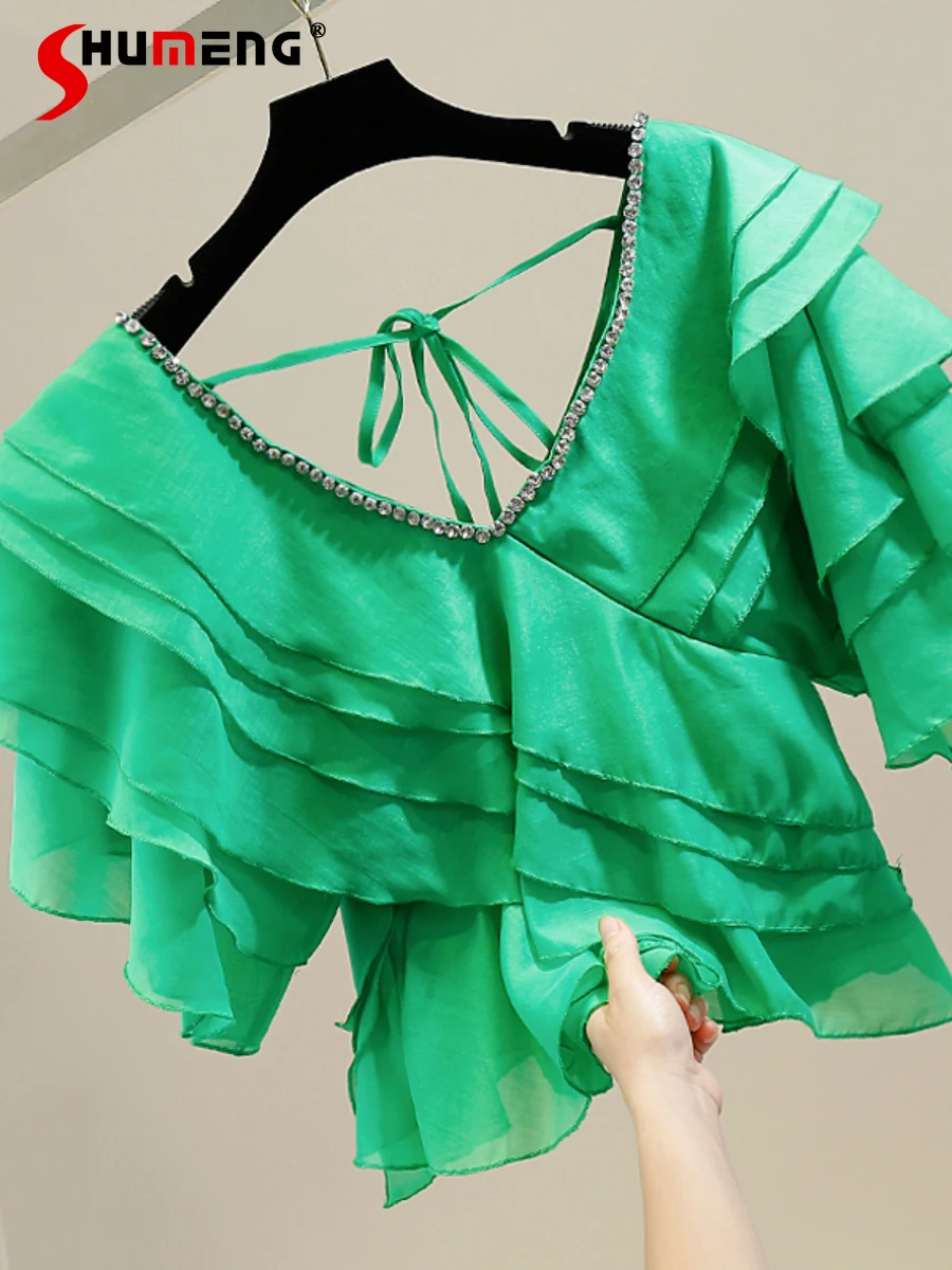 

Fashion Diamond-Embedded V-neck Lace-up Ruffle Sleeve Green Top Woman Sweet Irregular Rhinestone Patchwork Shirts Blusa Feminina