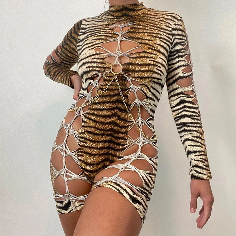 

Irregular Hole 2022 New Jumpsuit Shorts Women Tiger Print Sexy High Waist Hole One Piece Club Hollow Long Sleeves Chain Overalls