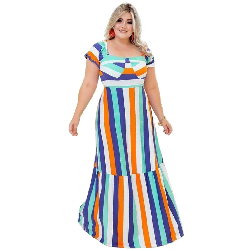 Plus Size New Fashion Spring/summer Large Women's Colorful Stripe Print Loose Short Sleeve Large Swing 3xl 4xl 5xl 6xl