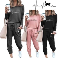 the latest all match ladies fashion ecg cat cute solid color printing shrink sleeve sports solid color loose womens suit