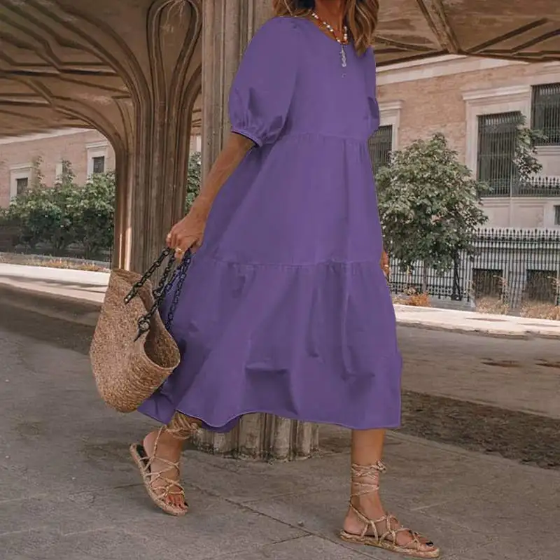 

Summer Women Dress Vintage Lantern Short Sleeve Mid-Calf Dress Bohemian Loose Casual Beach Dresses Sundress Vestidos Robe