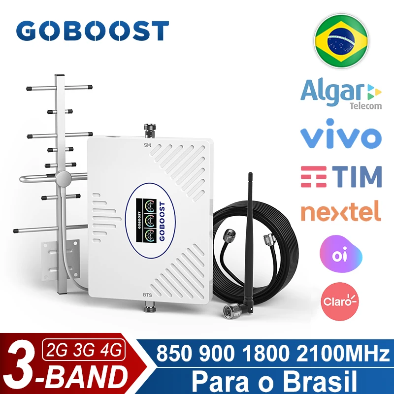 

GOBOOST Tri Band Signal Booster For Brazil User 70dB High Gain 2G 3G 4G 850 900 1800 2100 Network Repeater Cellular Amplifier