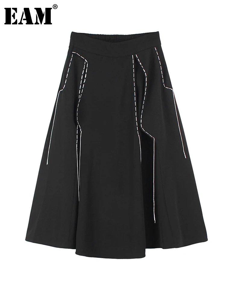 

[EAM] High Elastic Waist Black Topstitched Irregular Hem Long Half-body Skirt Women Fashion Tide New Spring Autumn 2022 1DE9914