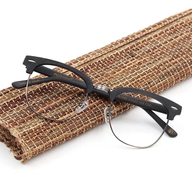 

2023 Half Rim Retro Wood Grain Acetate Prescription Glasses For Men Business Classic Reading Eyewear Optical New Eyeglass Frames