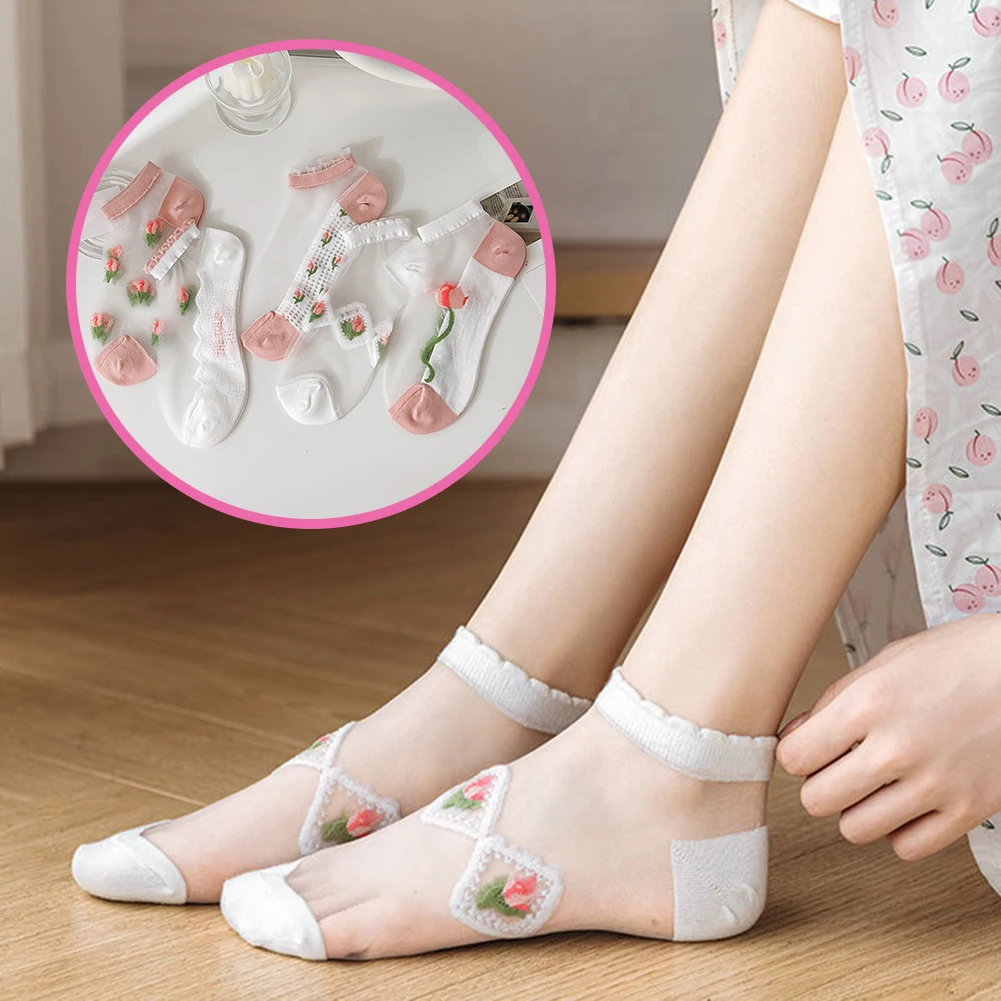 

Fashion Ultra-thin Transparent Crystal Silk Socks Women Summer Harajuku Crew Socks Retro Flower Streetwear Elastic Ankle Socks
