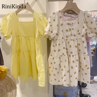 rinikinda summer korean style baby girls solid floral printing pleated loose dresses children cotton casual puff sleeve dress