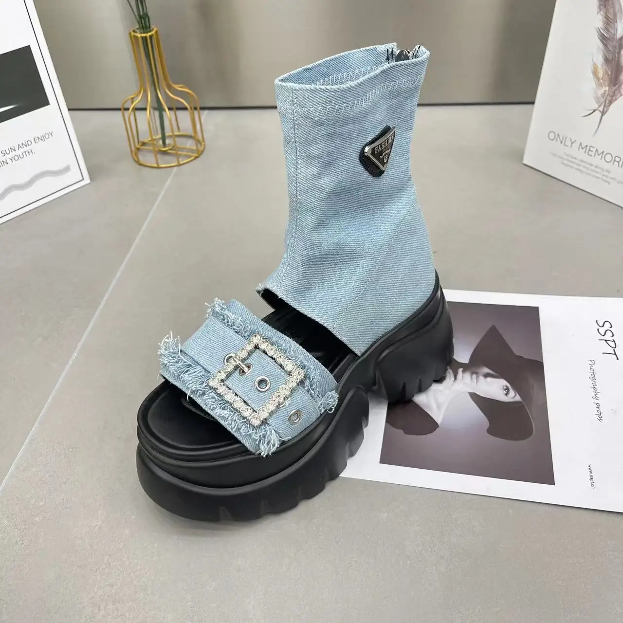 Women's Sandals 2023 Summer Ankle Denim Rhinestone Platform Muffin Super High Heel Motorcycle Boots