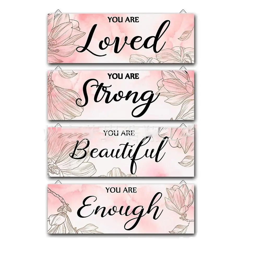 

4 pcs Wood Room Wooden Decoration Beautiful Pink 12 Inches Farmhouse Wooden Signs Wall Art Signs Wall