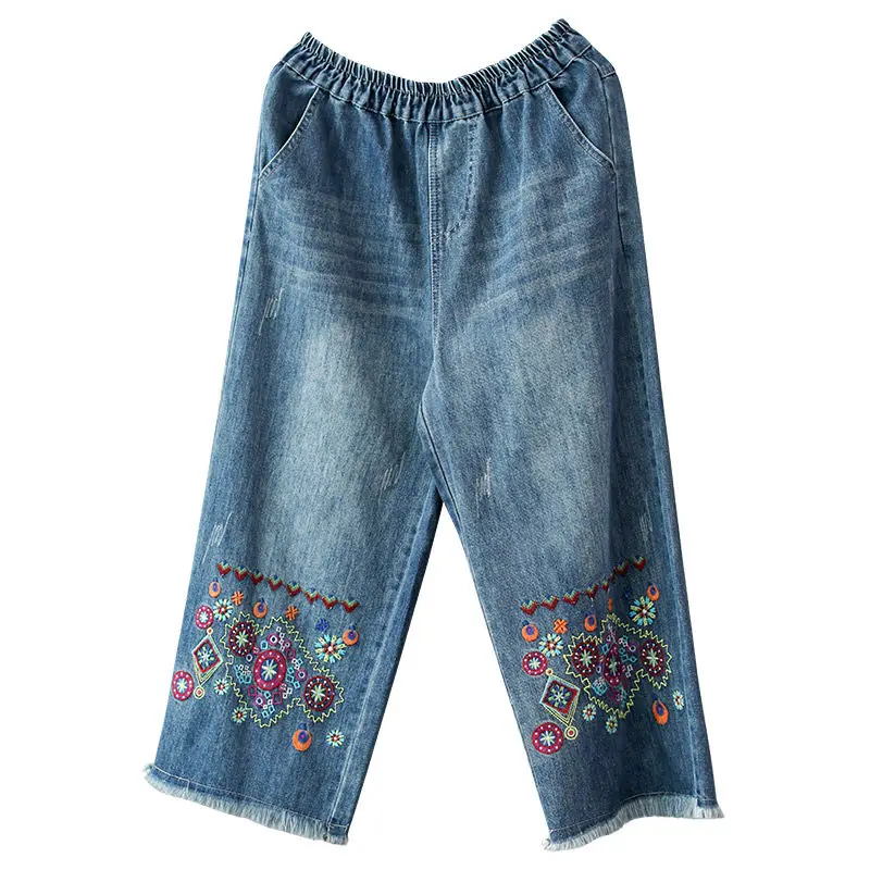 Женские джинсы в этническом стиле с широкими штанинами эластичные джинсовые