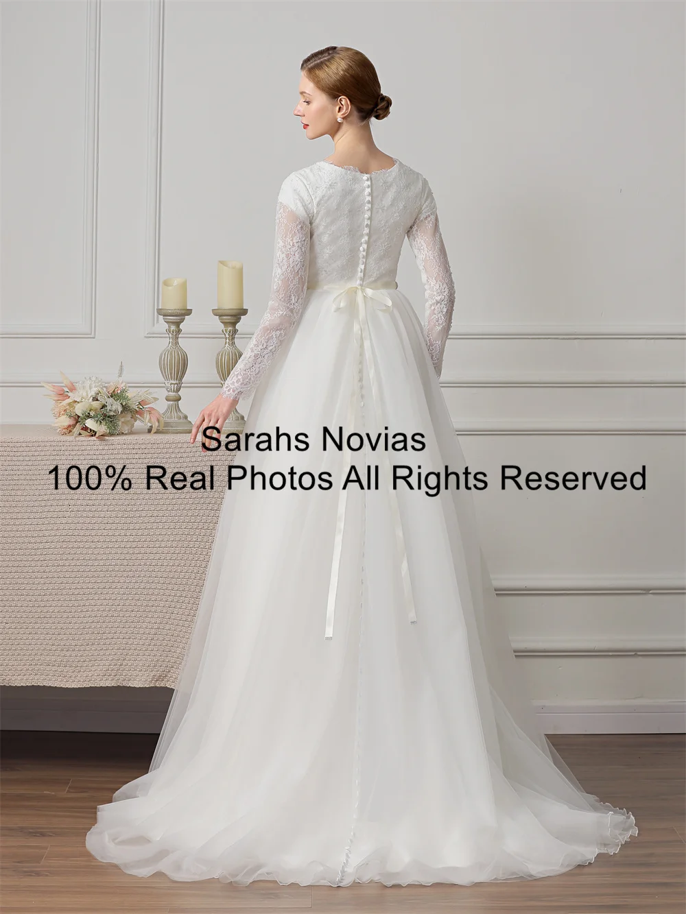 Скромные свадебные платья из кружева и тюля с длинными рукавами бисером