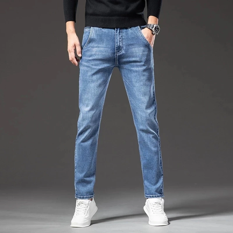 

Мужские джинсы с защитой от кражи, синие эластичные джинсовые брюки с молнией, классический стиль, весна 2023