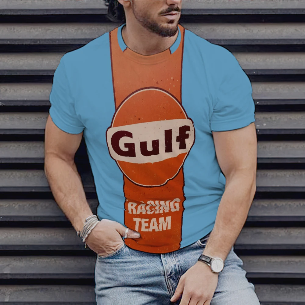 

Summer 2022 Trend Retro T Shirt Men's Gulf Oil Print Short Sleeve Street Fashion O Neck Loose Top Plus Size Street Hip Hop Top