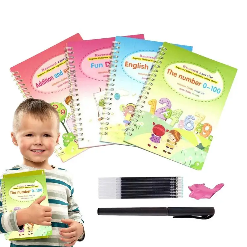 

Рифленая тетрадь для практики рукописного письма, 4 шт., многоразовая книга для раннего обучения, тетрадь для детей, Набор детских принадлежностей для