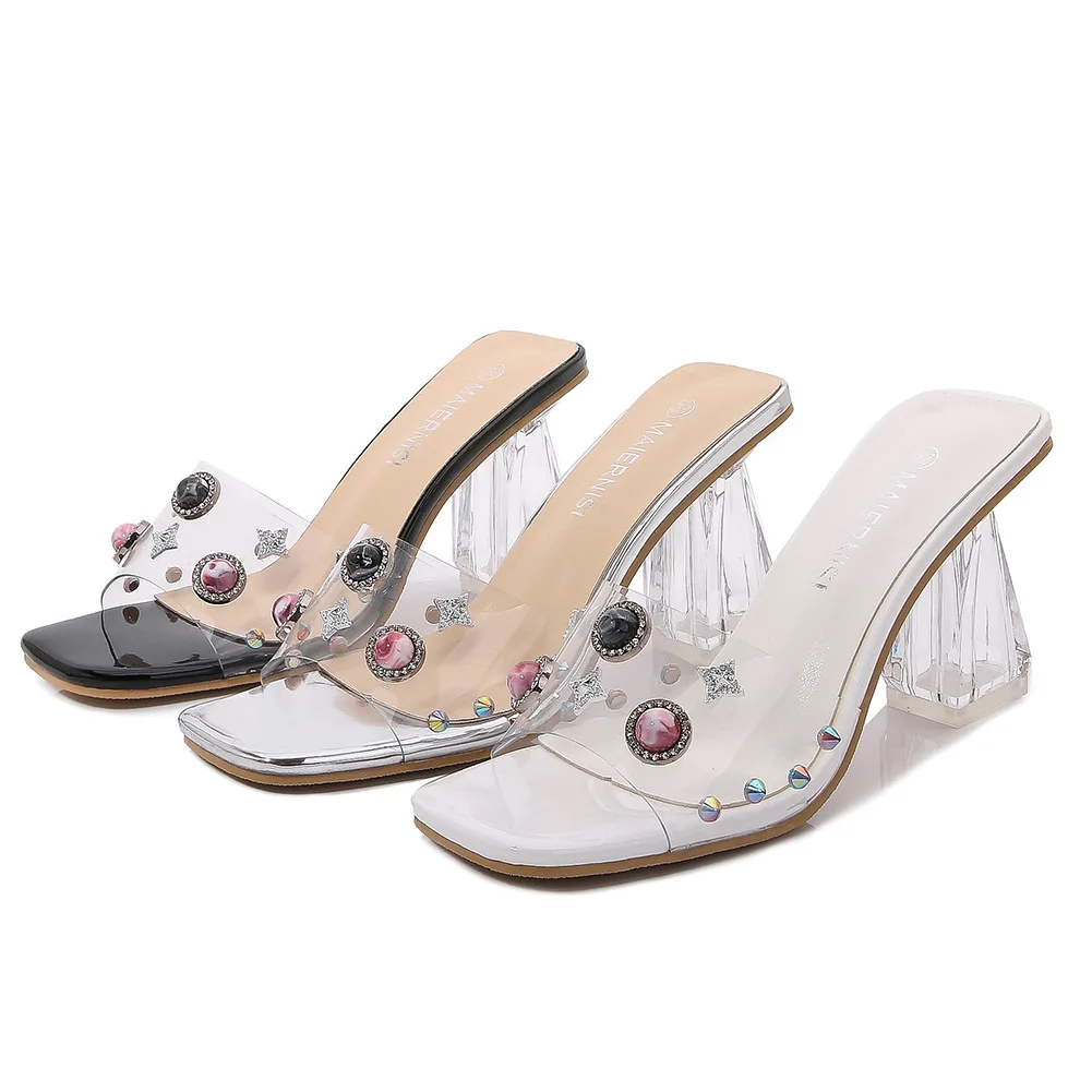 

8cm New Summer Fashion Square Toe Slides High Heels with Rivet Casual Plus Size Shoes for Women Sandals 44 45 46