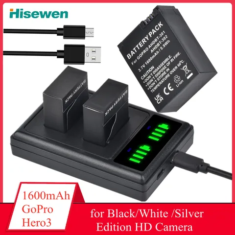 AHDBT-301 302 Батарея + светодиодное зарядное устройство USB для GoPro Hero3 + Go Pro Hero 3 Hero 3 Black Edition White Silver Edition HD-камеры 1600 мАч