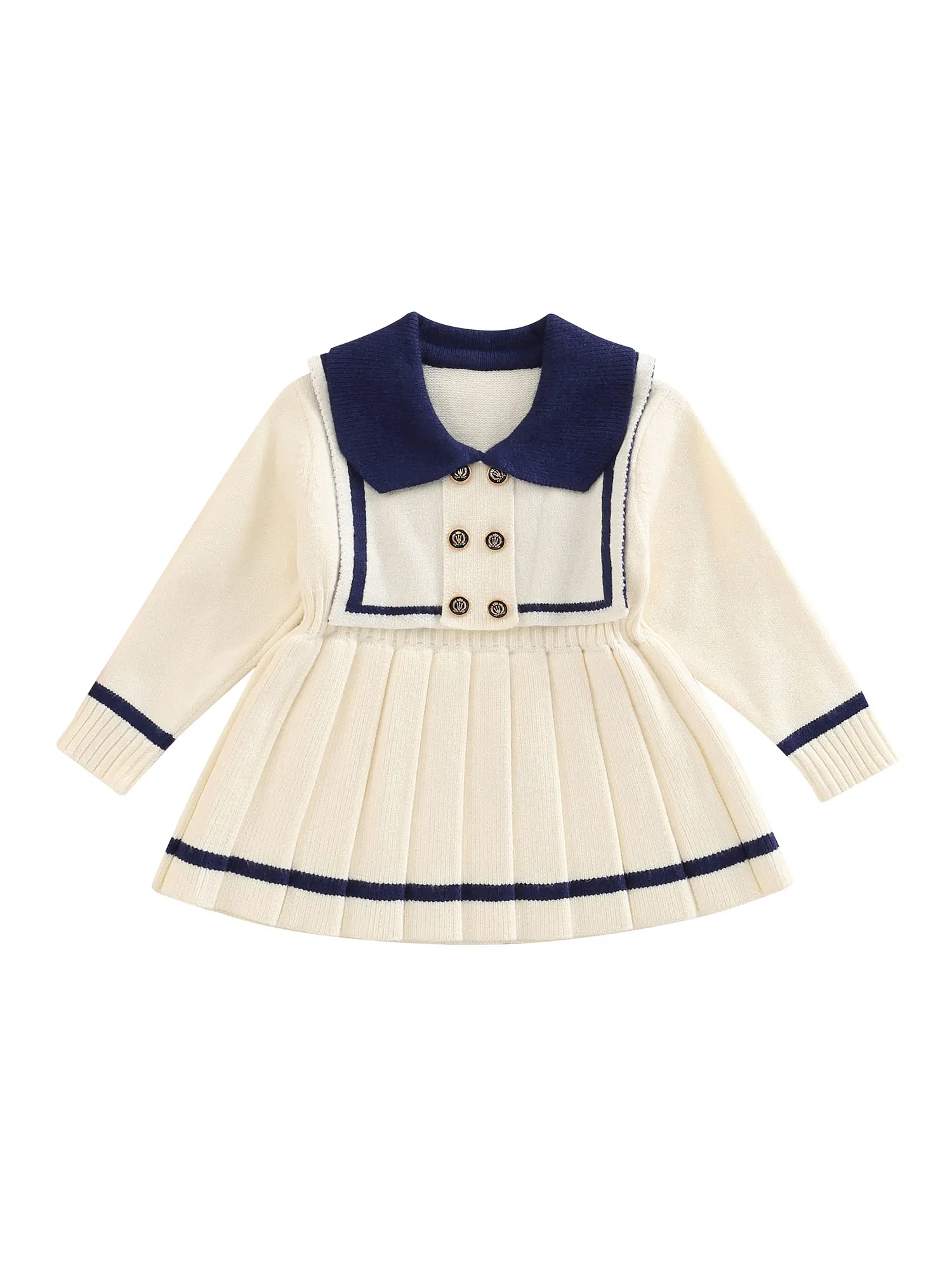 

Toddler Baby Girls Pleated Sweater Dress Long Sleeve Sailor Collar Infant Outfits