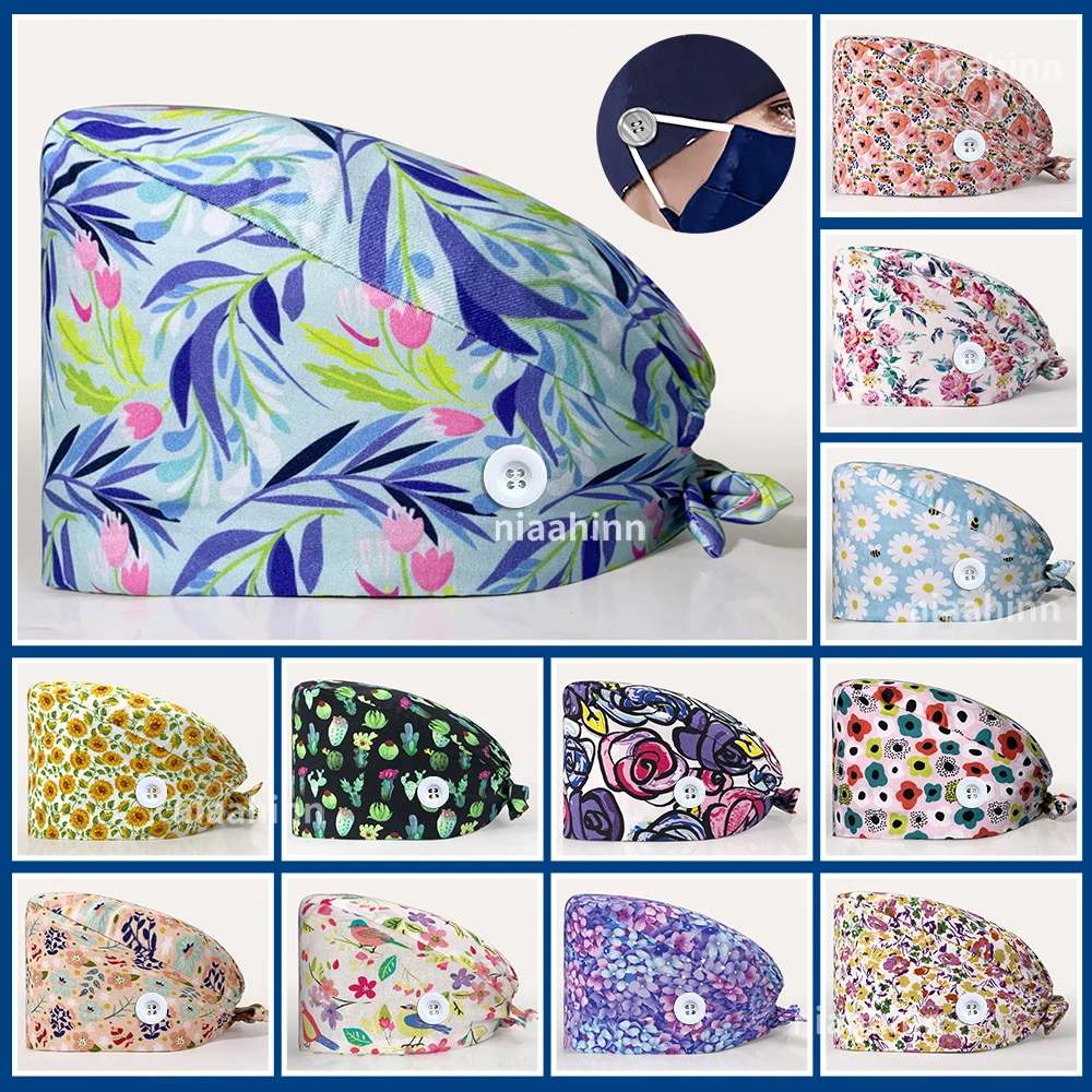 

Лабораторная шапка, шапка с цветочным принтом, женские хлопковые шапки, шапки, впитывающие пот, эластичная секция, уход за домашними животны...