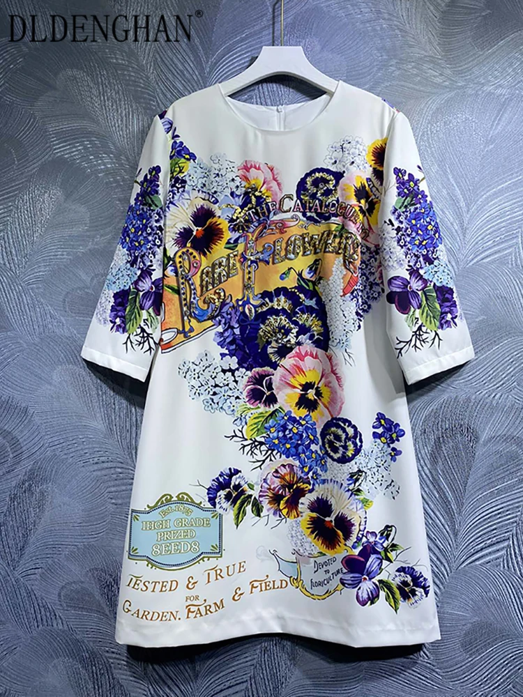 DLDENGHAN Spring Summer Women Loose Dress O-Neck Short Sleeves Crystal Sequins Flowers Print Vintage Mini Dresses