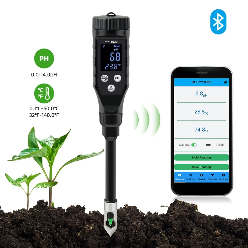 Smart Soil PH Meter 0.0~14.0pH Bluetooth Soil Tester Data Logger Temp Acidity Analyzer for Hydroponics Planting Garden Farmland