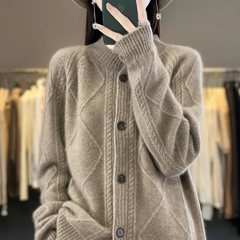 Осень/зима новый модный однотонный кардиган из 100% мериносовой шерсти с