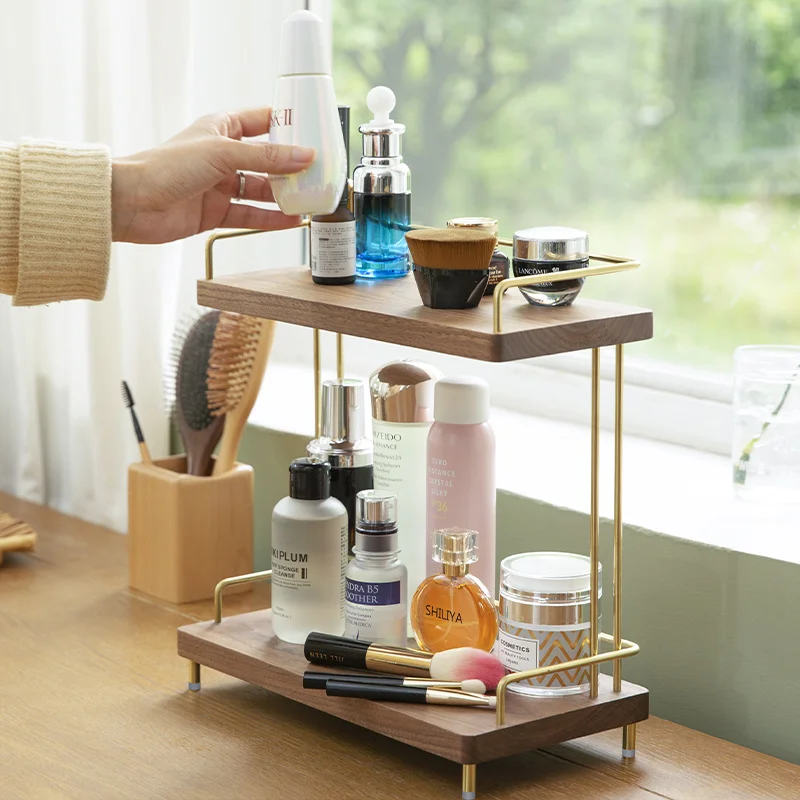 

Solid Wood Cosmetic Shelf Bathroom Toilet Sink Desktop Dresser Surface Skincare Product Storage Rack