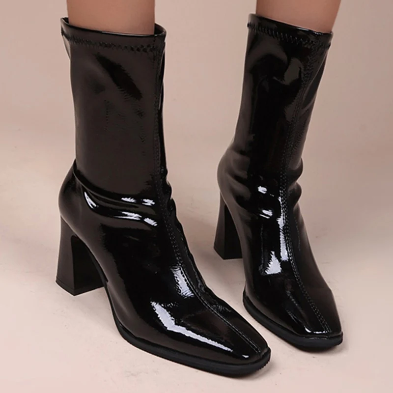 

JMPRS Square Toe Patent Leather Ankle Boots Women 2022 Autumn Black White High Heels Boots Woman Slip on Thick Heeled Shoes