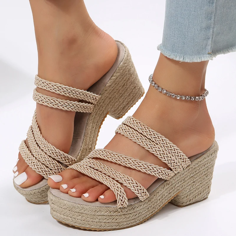 

Weaving Wedge Heel Sandals for Women Summer 2023 Espadrilles Platform Slippers Woman Thick Bottom Non Slip Beach Sandalias Mujer