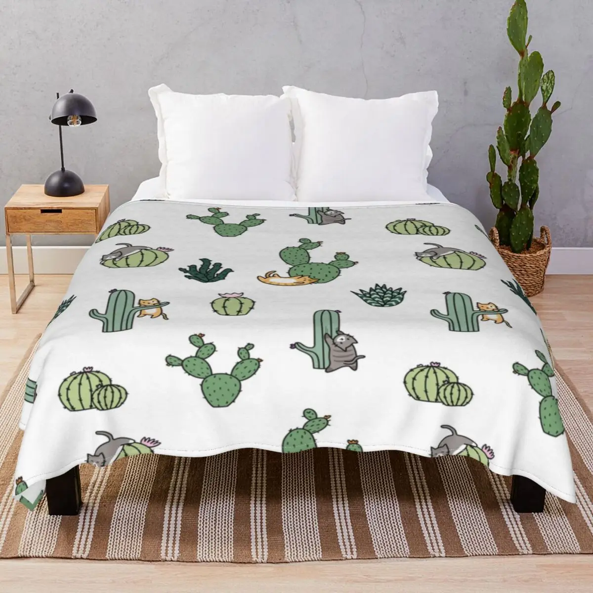 Cacti Cats Blankets Flannel All Season Comfortable Throw Blanket for Bed Home Couch Camp Cinema