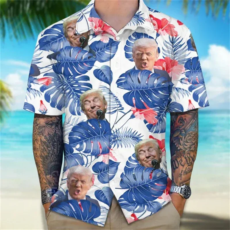 Newest Donald Trump Fighting Graphic Hawaiian Shirt Men USA Patriotic 3D Printed Aloha Shirts Fashion Blouses Street Lapel Tops