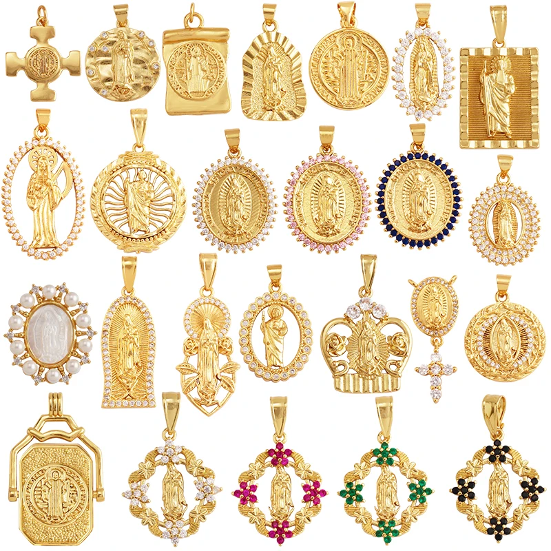 

Holy Religious Jesus Crown Virgin Mary Charms Pendant,Gold Plated Inlaid Colourful Zircon Shell Jewelry Necklace Accessories