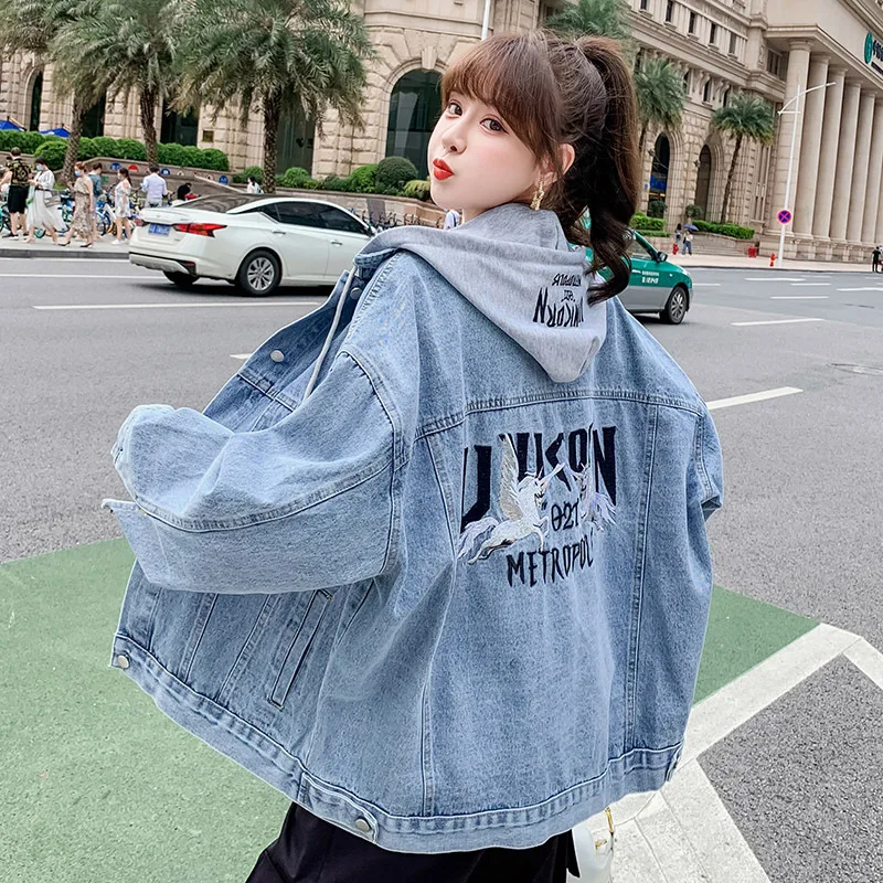 

QNPQYX New Autumn Korean Embroidered Denim Jacket Women's Hooded Loose Mid-length All-match Jacket Tops Ins Streetwear Coat