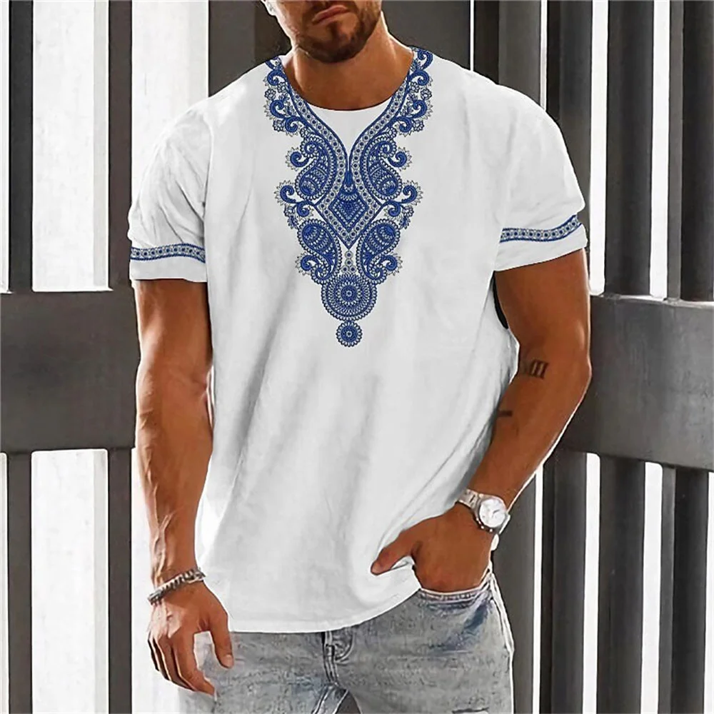 

Vintage Ethnic T-Shirt Ethnic Pattern Printing Men's Clothing Loose Oversized O-Neck Men Top Short Sleeved T-Shirt Street Wear