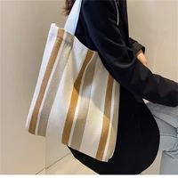 women handbag retro wide striped canvas tote bags casual large capacity shopping bag female 2022 new fashion simple shoulder bag