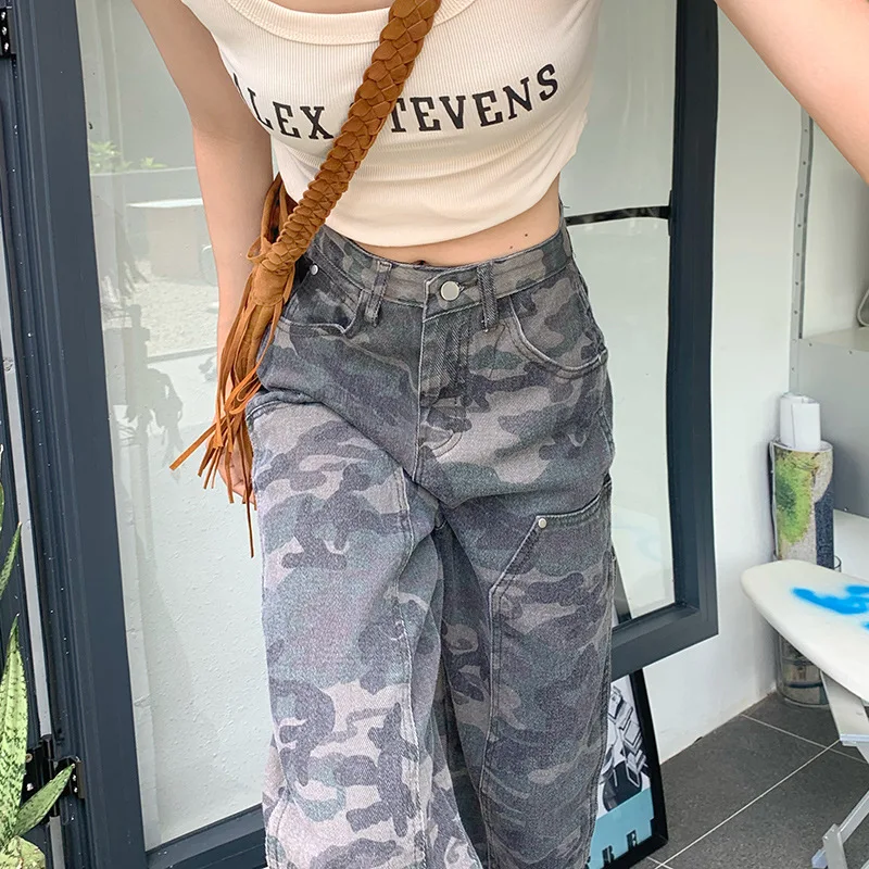 Woman American Jeans Hot Girl Vintage Hiphop Camouflage Overalls Girl Summer Hip Hop Loose Straight Pants Female Trousers